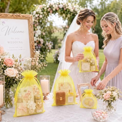 Image of FUNFERY 100PCS Lemon Yellow Organza Gift Bags 5x7in,Drawstring Pouch