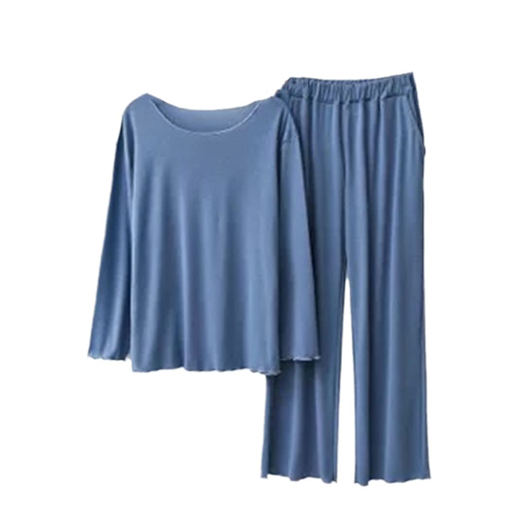 Conjunto de pijama de algodón cómodo suave y elegante con cuello en O para mujer, azul, talla única