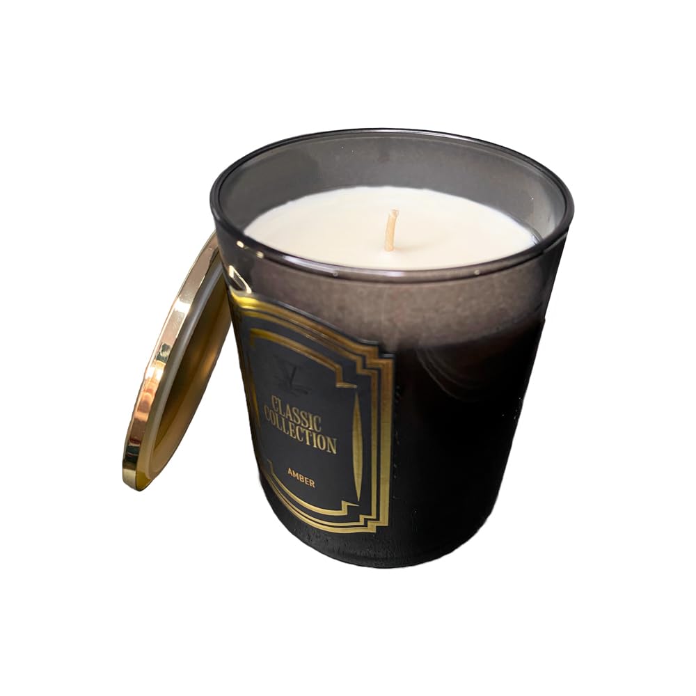 IMPACTE MILANO. Vela Aromática 200gr. Cera de Soja Natural y Coco, Vaso de Diseño Negro y Elegante, con Tapa. Velas Perfumadas para Hogar. Vila Hermanos (Amber)