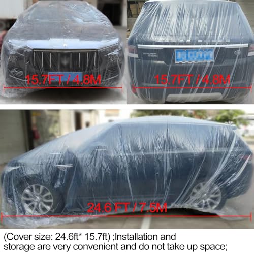 Image of 4 Packs Disposable Car Cover Clear Plastic Car Cover Universal Rain Dust Garage Cover with Elastic Band Medium (15.7FT x 24.6FT)