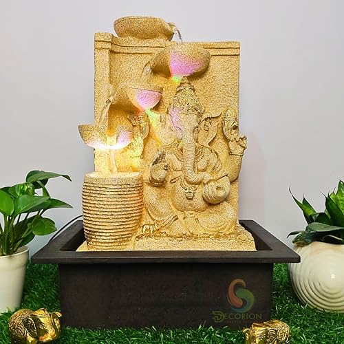 Image of Decorative Ganesha Table Top Water Fountain for Home Decor /Office /Indoor & Outdoor /Garden /Puja Room /Vaastu with Multicolor LED Light and Adjustable Water Pump (Yellow D-11)