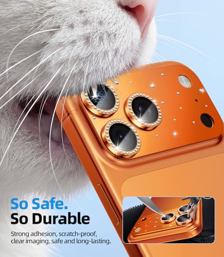 Image of HelloDeere for iPhone 17 Pro Camera Lens Protector [Not Easy to Break] [Ultra Bright] Round Gold Diamond Bling Tempered Glass Metal Frame Camera Cover for iPhone 17 Pro Lens Case Friendly (Orange,1 Pack)