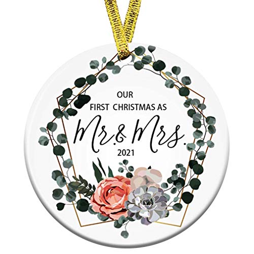 Kooer Our First Christmas as Mr & Mrs Ornament 2021 Married Newlyweds 3" Circle Porcelain Ceramic Wedding Ornament (mr mrs)