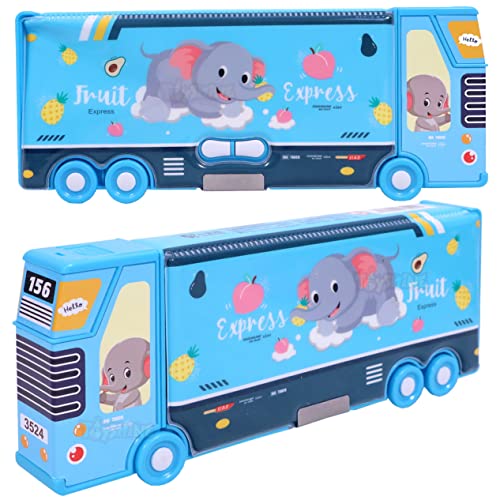 Toyshine Double Compartment Bus Pencil Box with MovNluing Tyres, Button Enabled Storages and Sharpner for Kids - Blue