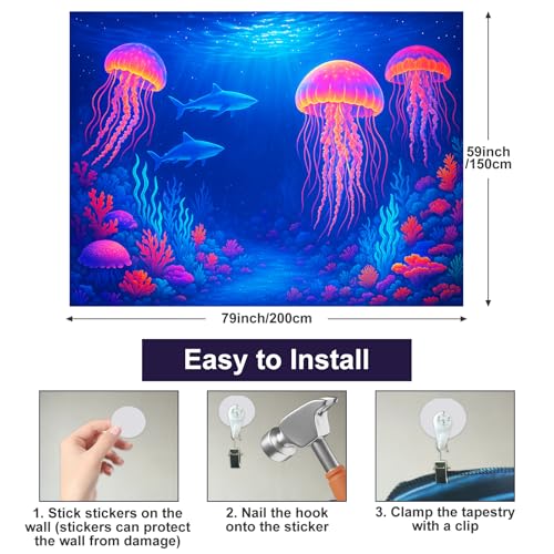 Image of BlissYard Neon Jellyfish Sharks Black Light Tapestry UV Reactive Underwater Ocean Wall Hanging for Living Room Bedroom Dorm Room Bar Party Cool Decor 78x59 Inch