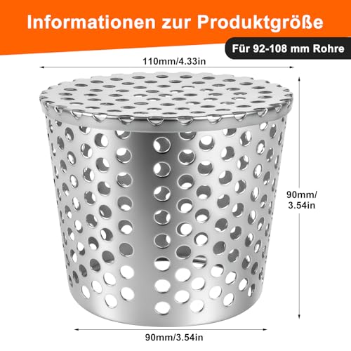 KOVSGQ Dachrinnen Laubschutz fallrohr Regenrinnen Laubschutz Fallrohrfilter Laubfangkorb Fallrohrschutz 90-110mm Anti-Blockier Edelstahl Dachrinnenschutz für Dachrohre Abflüsse Und Fallrohre