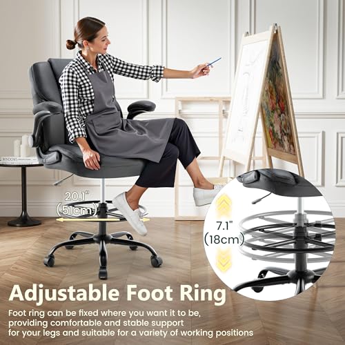 Image of Drafting Chair 500Lbs, Tall Office Chair for Standing Desk, High PU Leather Executive Office Chair with Flip-up Armrests, Ergonomic High Chair with Adjustable Foot Ring, Comfy Stool Chairs, Black