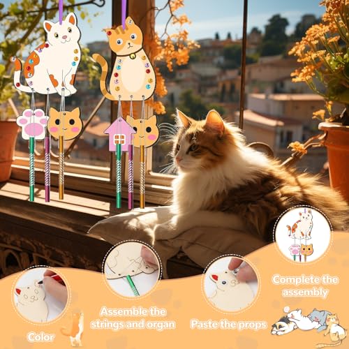 Collazoey 12 Stück Windspiel Bastelset Kinder, Katze Holz Klangspiel Basteln Bastelhandwerk mit Hängendem Klangspiele, DIY Klangspiele zum Bemalen, für Mädchen Jungen Outdoor Dekorieren