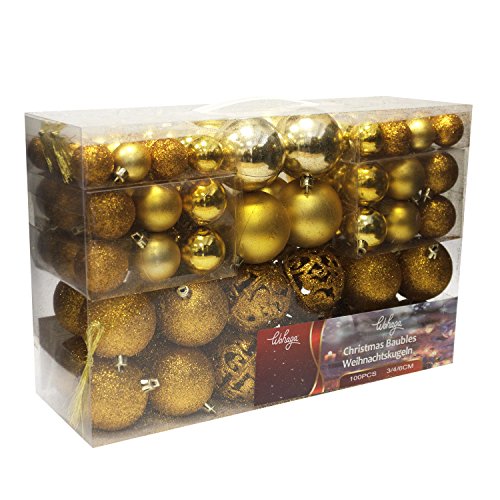 Wohaga Weihnachtskugel-Set Christbaumkugeln Baumschmuck Weihnachtsbaumschmuck Baumkugeln, Farbe:Gold, Größe:100