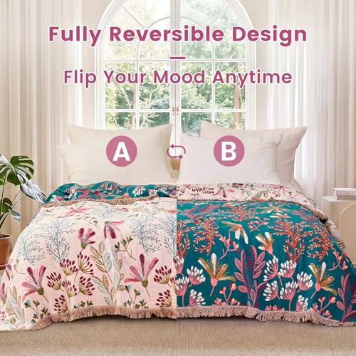 Image of MSGKV Boho Throw Blanket 60 inchx80 inch 100% Cotton Floral Blanket for Couch Bed