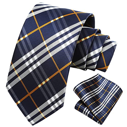 Image of HISDERN Mens Ties Plaid Tie and Pocket Square Set Classic Woven Formal Checkered Neckties & Handkerchief Wedding Party