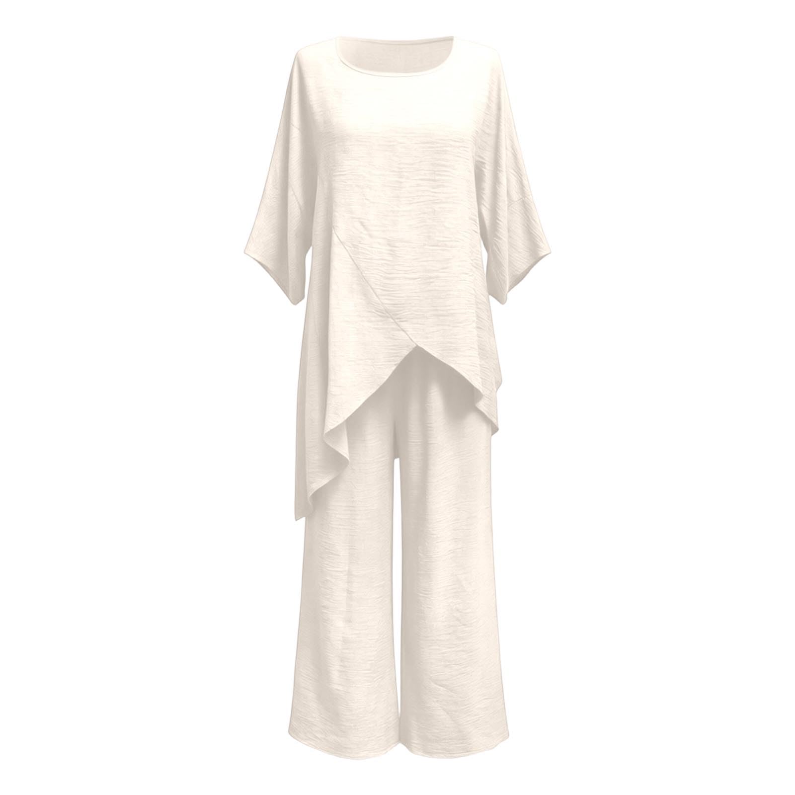 Generisch Conjunto de 2 piezas para mujer, color negro, manga 3/4 con cuello redondo, pantalones anchos, dobladillo asimétrico, juego de lino, elegante para el hogar, traje de madrina para boda