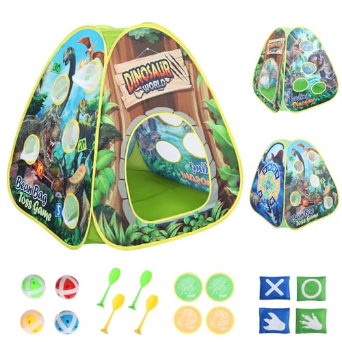 Dinosaur Kids Play Tent Indoor: Boys & Girls Playhouse Pop Up Tents Indoor Outdoor - 4in1 Dinosaur Tent with Velcro Dart Board & Bean Bag Toss Games
