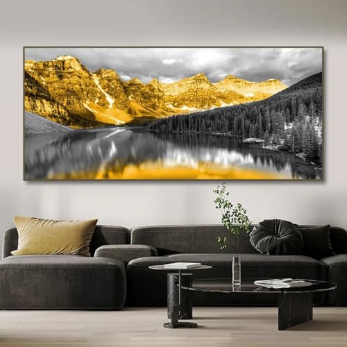 Peinture sur toile montagnes dorées et lac noir encadrée 50x100cm