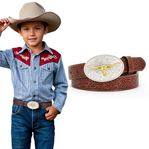 SUOSDEY Kids Western Belt for Boys Girls,Toddler Youth Cowboy Cowgirl Genuine Leather Belt with Longhorn Bull Buckle