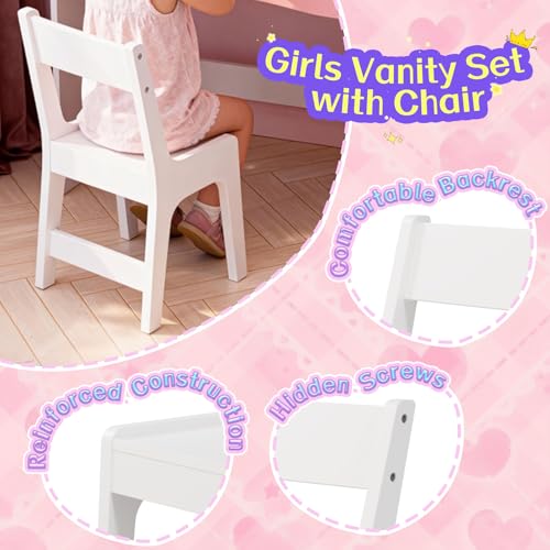 Image of Teckid Kids Vanity Table and Chair Set with Lights, Toddler Vanity Desk for Girls, Princess Makeup Vanity for Kids with Storage Shelves, Open Bookshelf and Stools, White