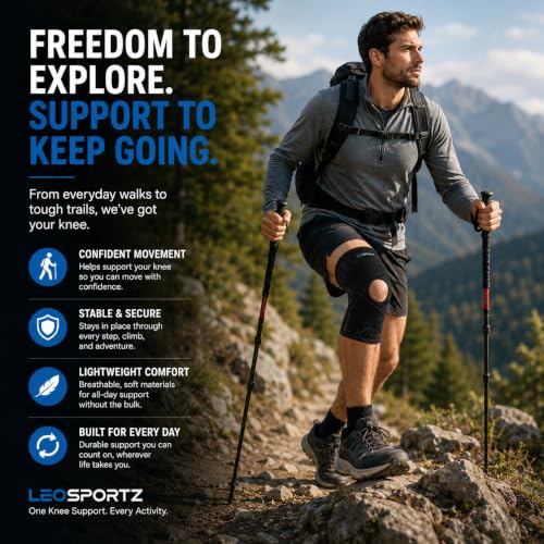 Image of Leosportz Knee Support for Pain Relief - Knee Cap for Men Women | Adjustable Compression Knee Support for ACL, MCL, Arthritis, Running, Sports & Recovery (Black, L)