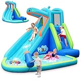 HONEY JOY Inflatable Water Slide, Hippo Theme Blow Up Water Park Bounce House for Backyard, Climbing Wall & Slide, Indoor Outdoor Waterslides Inflatables for Kids and Adults(Without Blower)