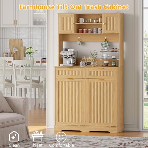 Image of Double 13 Gallon Tilt Out Trash Can Cabinet,Garbage Cabinet with Drawer | Hidden Garbage Storage with Fluted Design, Drawer & Hooks for Kitchen, Dining Room and Small Space Organization,Natural Wood