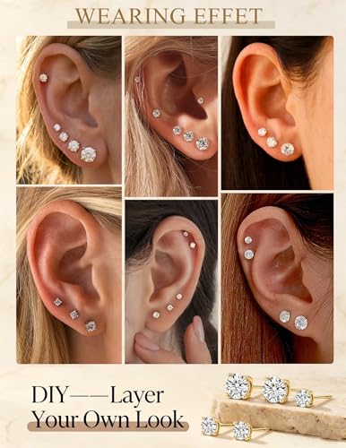 Image of 5 Pairs 14K Gold Plated Stud Earrings for Women, Hypoallergenic Earring Sets for Multiple Piercing, Premium Cubic Zirconia Studs Earrings for Women