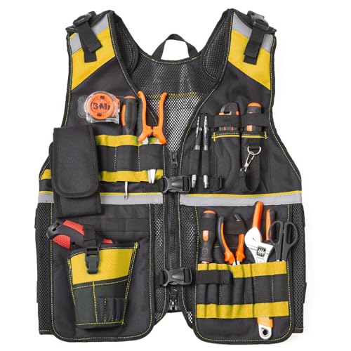 TURAND Electrician Tool Vest for Men Reflective Safety Work Vest with Adjustable Thick Straps Removable Phone Holder for Electrical Carpenters Construction 22 Pockets
