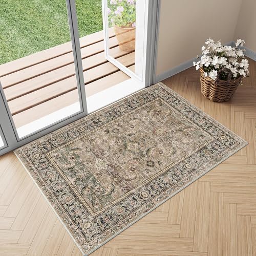 2x3 Washable Area Rug Brown Vintage Distressed Entryway Kitchen Non Slip Low Pile Throw Rug Living Room Bedroom Indoor Doormat Small Soft Carpet for Entrance Dining Room Bathroom
