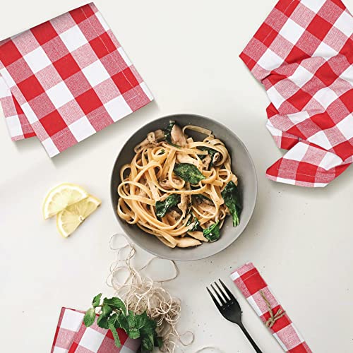 Farmhouse Cloth Napkin Set Of 12 100% Cotton Dinner Napkin Gingham Plaid Check Fabric Mitered Corners & Generous Hem Size 18"X 18" Color Red/White #TOP2