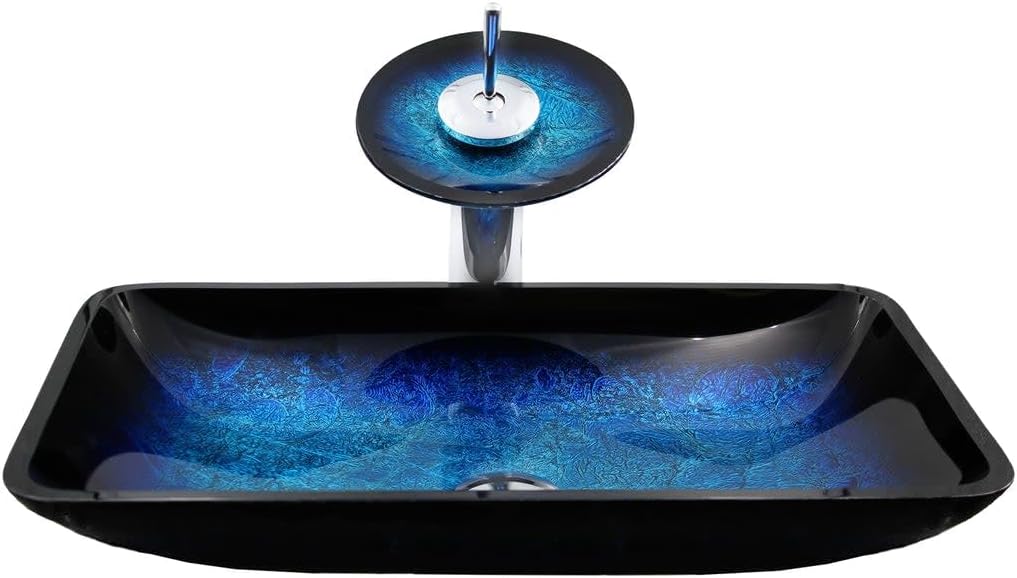 Miseno MVS-NSFC-G1903417003 Fresca 21-3/4" Glass Vessel Bathroom Sink with 2.2 GPM Deck Mounted Bathroom Faucet - Blue/Matte Black Drain