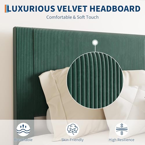 Image of Upholstered Platform Bed Frame with Corduroy Headboard, Sturdy Metal Frame & Wooden Slats, 800lbs Weight Capacity, Noise-Free, No Box Spring Needed, Easy Assembly, Under-Bed Storage, Twin Dark Green