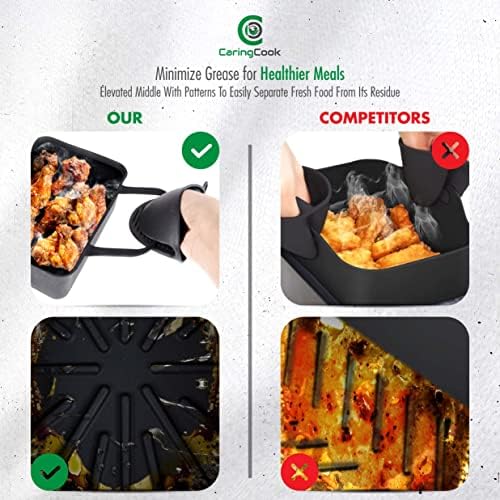 CaringCook Silicone Liners for Dual Air Fryer with Gloves, 2 PCS Dual Basket Air Fryer Liners with Handles for Ninja AF400UK, Reusable Silicone Pot for Oven Microwave, Black