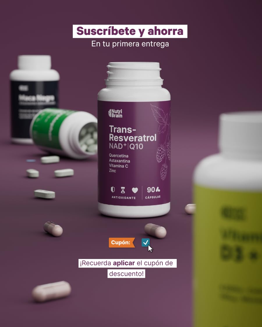 Resveratrol & NAD + Coenzima Q10, Zinc, Astaxantina y Vitamina C - 90 Cápsulas (3 Meses) - Potente Antioxidante, Antiedad, Bienestar Cognitivo, Energía e Inmunidad