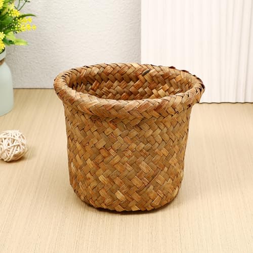 Caneca de basura pequeña trenzada de ratán para baño y cocina miniatura 2
