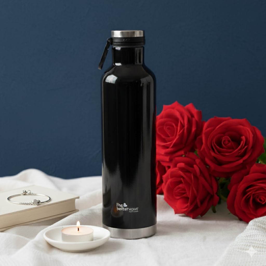 The Better Home Insulated Water Bottle with Holder | Double Walled Stainless Steel 1 Litre | Hot and Cold Water Bottle| Ideal for Outdoor Activities, Home, Office | Black