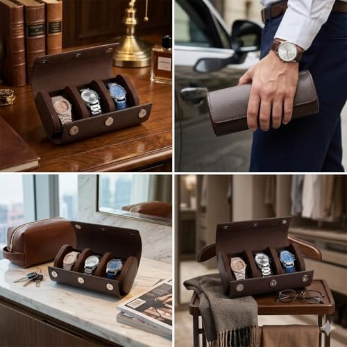 Image of essart Luxury Watch Storage Case - Premium Leather Organizer Box for Exclusive Timepieces, Elegant Display & Protection for Collectors (WR-1013-Snakebit-Brown)