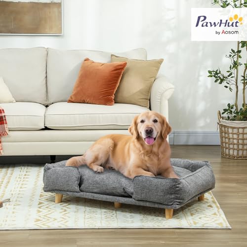 PawHut Hundesofa Hundecouch mit Rückenlehne, Holzbeine Hundebett mit Polyester Haustiersofa Katzensofa für große Hunde bis zu 30 kg und 60 cm Schulterhöhe, 96 x 66 x 24 cm Dunkelgrau
