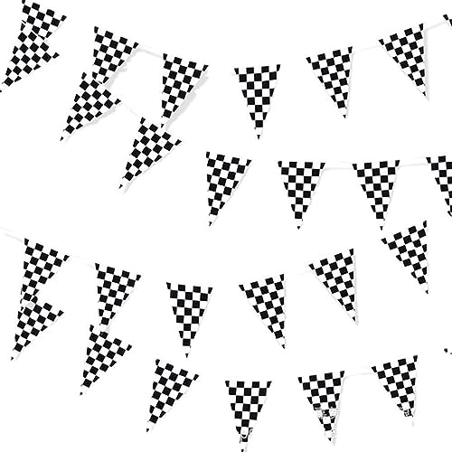 Pancarta de Banderín Triángulo a Cuadros Banderines Tela Negro y Blanco 10M Guirnalda de Bandera Triangular Reutilizable Graduación Cumpleaños Jardín Escuela Patio Piscina Navidad Decoración