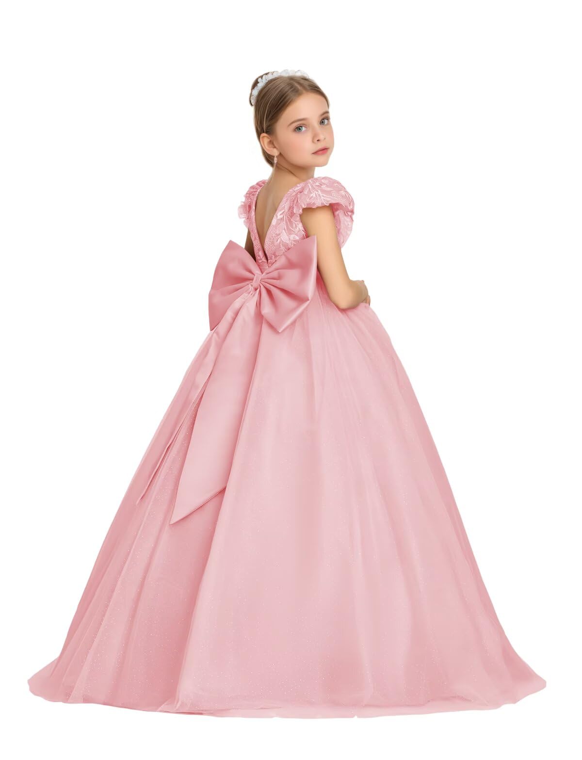 Flower Girls Dresses Tulle Floral Appliques Princess Pageant Dress for Girls Wedding Ball Gowns with Bow-Knot