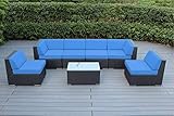 Ohana 7-Piece Outdoor Patio Furniture Sectional Conversation Set, Black Wicker with Blue Cushions - No Assembly with Free Patio Cover