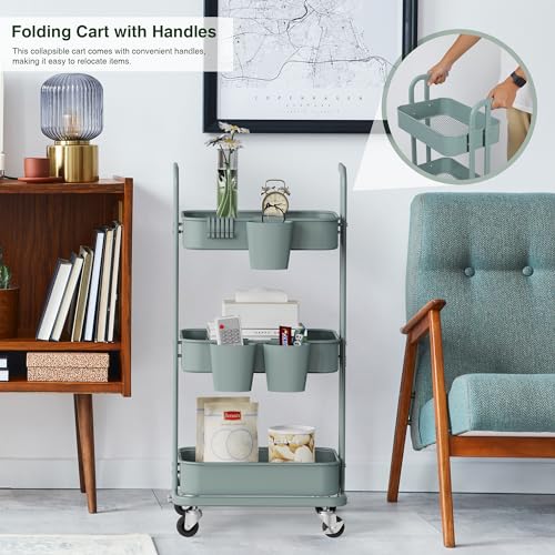 Image of DTK 3 Tier Foldable Rolling Cart, Metal Utility Cart with Lockable Wheels, Folding Storage Trolley for Living Room, Kitchen, Bathroom, Bedroom and Office, Green