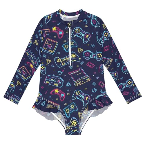 ALAZA Toddler Swimsuit Girl Bathing Suit Swimwear Rash Guard Game Controller Neon Long Sleeve 3T