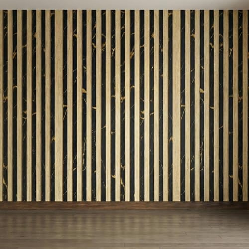 Image of 3D Black & Gold Marble Striped Wallpaper Roll - 45x500 cm Wood Texture Vertical Line Design PVC Waterproof Peel & Stick Wall Sticker for Home, Living Room, Office, TV Background - Self Adhesive