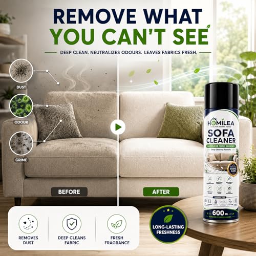 Image of Sofa Cleaner Foam Spray 600ml | Waterless Upholstery Cleaner for Sofa, Carpet, Mattress & Car Seats | Deep Cleaning Foam Removes Stains, Dirt & Odours | Quick Dry Fabric Clean with Fresh Fragrance