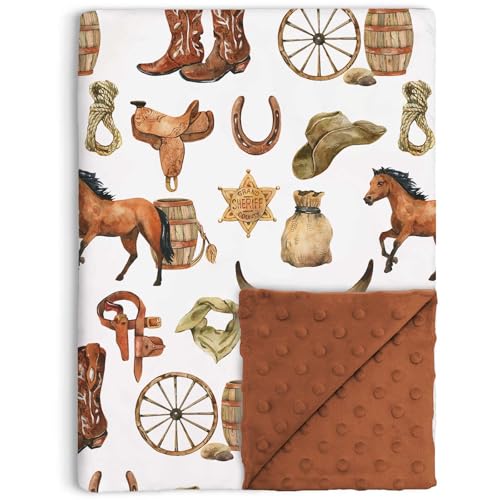 Image of Western Cowboy Baby Blanket for Boys, Horse Theme Toddler Soft Minky Blanket with Double Layer Dotted Backing, Nursery Newborn Baby Crib Receiving My First Rodeo, 30 inchx40 inch