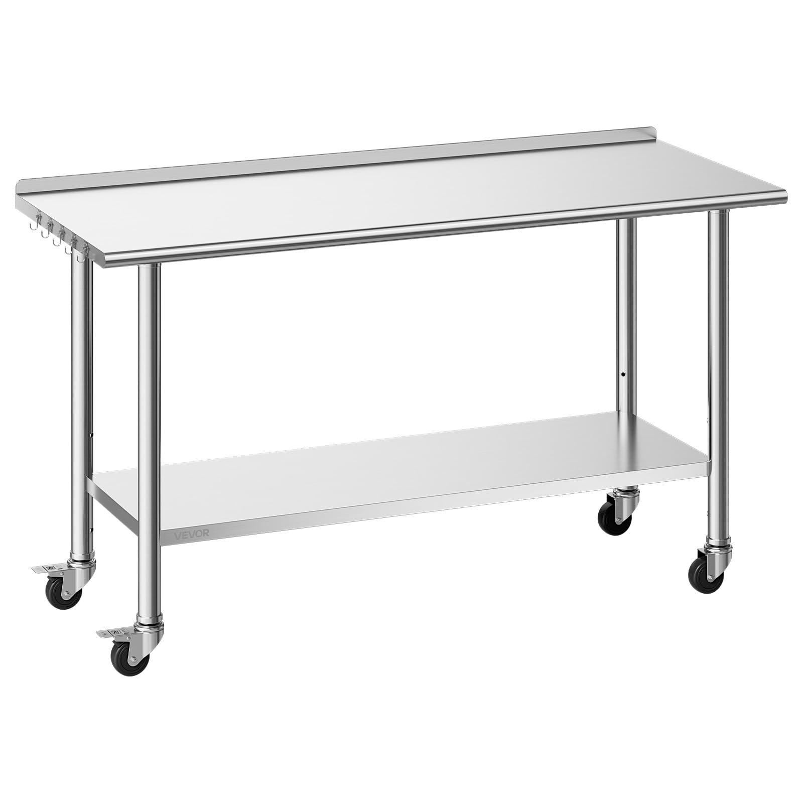 VEVOR Edelstahltisch Gastro 1524 x 610 x 894 mm, Verstellbarer Edelstahltisch mit Rollen, Aufkantung (30 mm), Arbeitstisch mit Grundboden für Restaurant Obere Ablage (254 kg) Untere Ablage (209 kg)