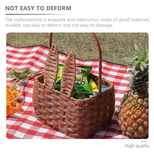 Wicker Easter Basket with Handle Bunny Woven Basket Rabbit Picnic Basket Cute Rabbit Ears Rattan Wine Basket Empty Harvest Flower Girl Hunt Toy Storage Basket