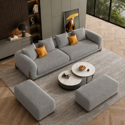 Image of Modern Boucle Sofa for Living Room Bedroom Reception and Office Wooden Polished Leg Sofa for Living Room (Light Grey, 3 Seater +Ottoman Set)