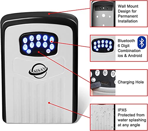 SISAV Security Key Lock Box Instant Remote Access Via Bluetooth/Code/App Resettable Set Your Own Combination 6 Digit Storage Smart Lock Box No WiFi Wall Mounted 5 Key Large Capacity,Grey - Image 3