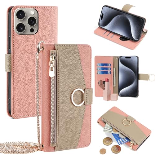Coque cordon iPhone 14 Plus en cuir rose avec porte-carte pour sorties