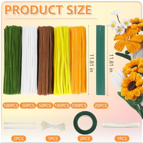 Image of 400 Pcs Pipe Cleaners Craft, 5 Assorted Colors Pipe Cleaners Bulk | Chenille Stems for DIY Flower Making Kit with Floral Wires, Gardening Tape,Stamen& Ribbon (Sunflowers)