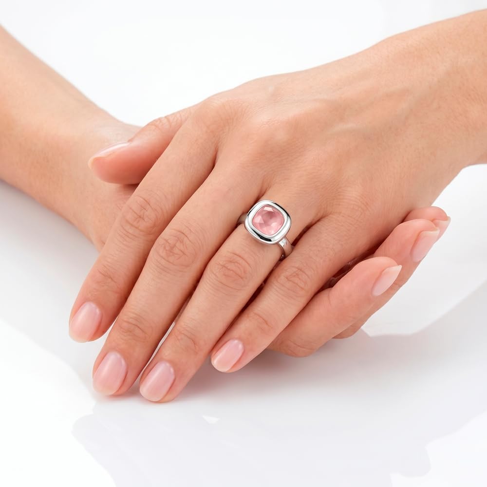 Passo Anillo plata mujer con piedra tallada en color rosa - Anillo solitario mujer ajustable, ideal para las tallas más comunes - Se envía en una cajita de regalo